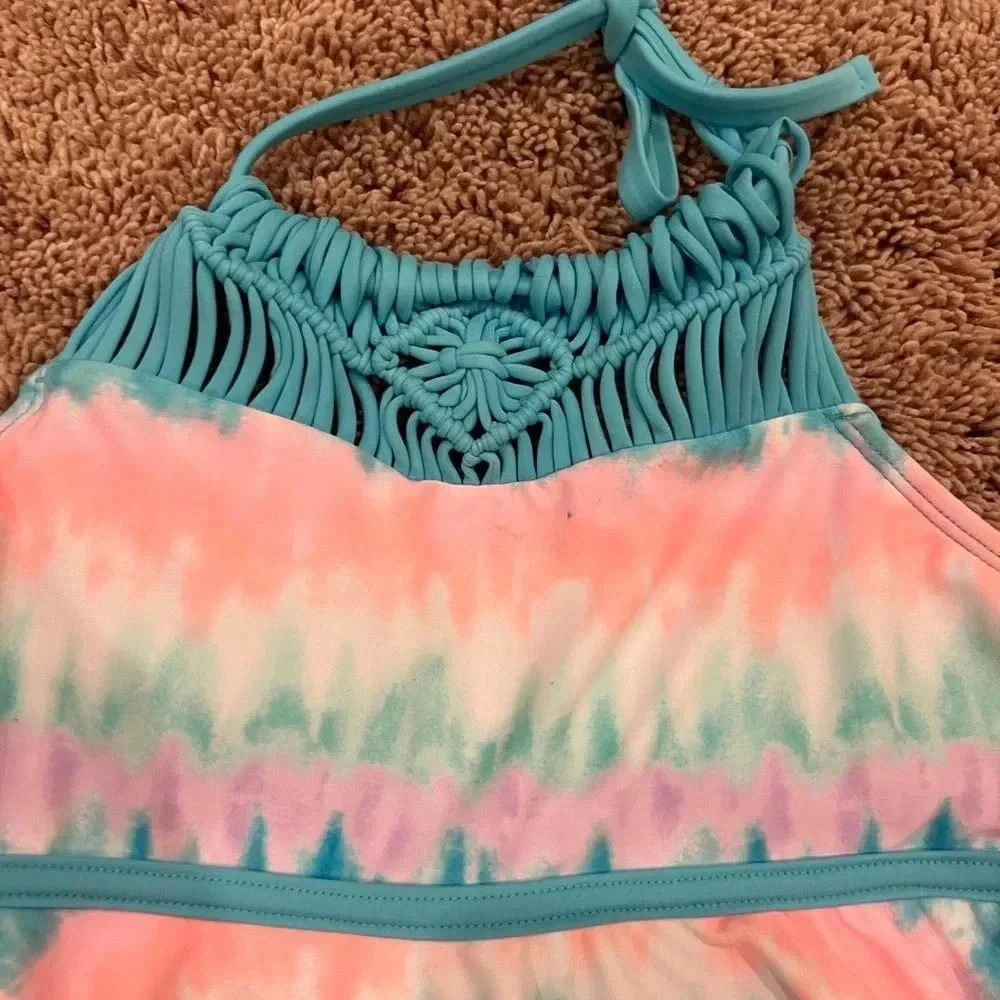 Justice girls large 12 swim set top bottom bikini tankini blue tie dye fringe